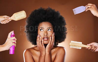 Buy stock photo Haircare, hairspray and brush with a model black woman in studio with a choice of care for afro hair in hands. Beauty, cosmetics and backstage with an attractive young female on a brown background