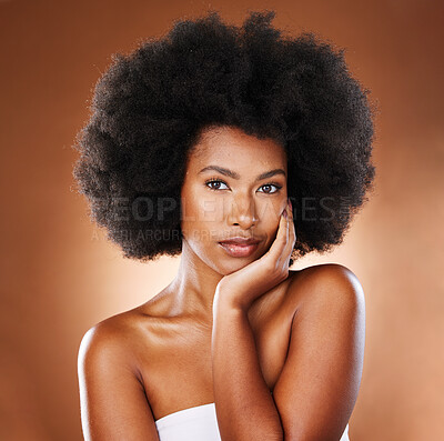 Buy stock photo African, natural hair and black woman in studio portrait with skincare glow, youth wellness and cosmetics shine for beauty marketing mockup. Young afro model face or facial, dermatology and skin care