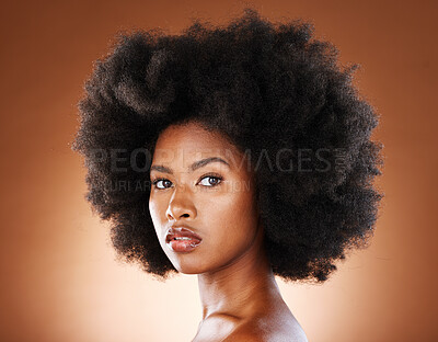 Buy stock photo Beauty hair care, afro and portrait of black woman with clean healthy hair, facial skincare glow and makeup. Spa salon wellness, healthcare and face of aesthetic African model with radiant cosmetics