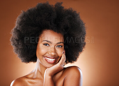 Buy stock photo Beauty portrait of black woman with skincare, hair care and satisfied with facial cosmetics, natural makeup or afro spa routine. Salon healthy hair, wellness treatment and model face with facial glow