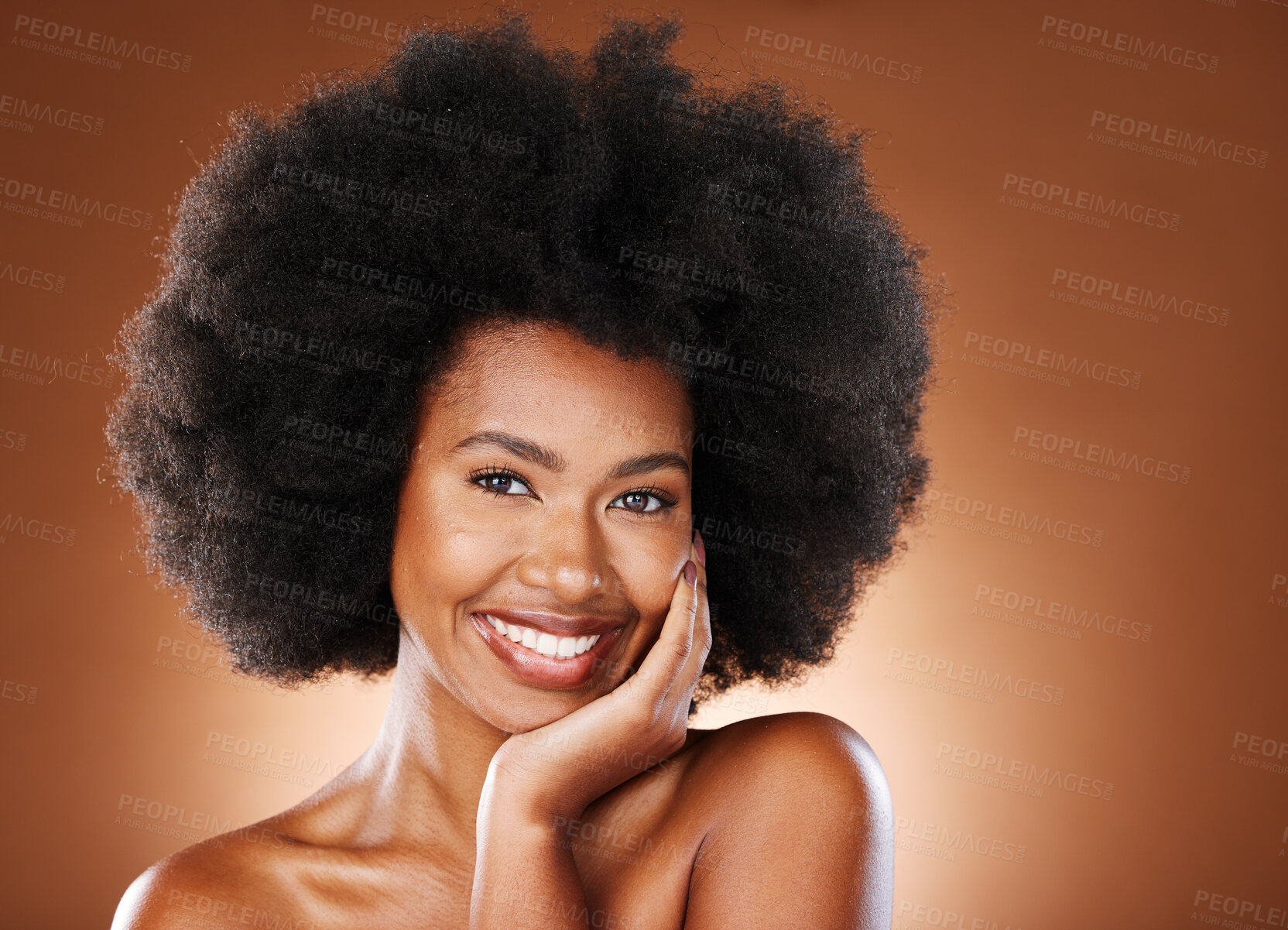 Buy stock photo Beauty portrait of black woman with skincare, hair care and satisfied with facial cosmetics, natural makeup or afro spa routine. Salon healthy hair, wellness treatment and model face with facial glow