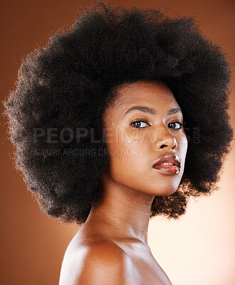 Buy stock photo Natural hair, beauty and black woman in studio portrait with cosmetics and minimal makeup for dermatology wellness, salon and hairdresser. Young African afro model face, headshot and hair care growth