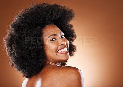 Buy stock photo Beauty, skincare and a happy black woman with a smile and afro looking back on studio background. Health, wellness and youth, a woman with body care, healthy glowing skin and happy grooming lifestyle