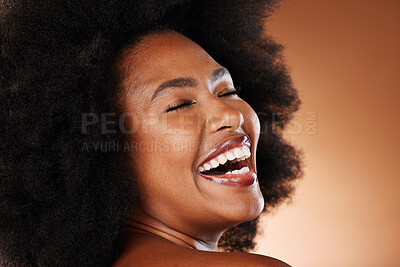 Buy stock photo Black woman, afro hair and laughing face expression on studio background in self love, empowerment or acceptance. Zoom, smile or happy beauty model with natural hair, white teeth and makeup cosmetics