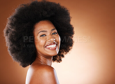Buy stock photo Portrait of black woman, beauty and hair care model with cosmetics hairstyle, afro empowerment and happy Nigeria model. Face of happy, proud African girl and healthy skincare glow in a studio