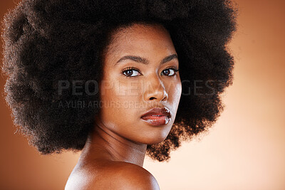 Buy stock photo Beauty portrait of black woman with skincare, hair care and natural makeup for facial aesthetics, wellness and healthcare. Salon afro hair, cosmetics and face of model with glowing skin treatment