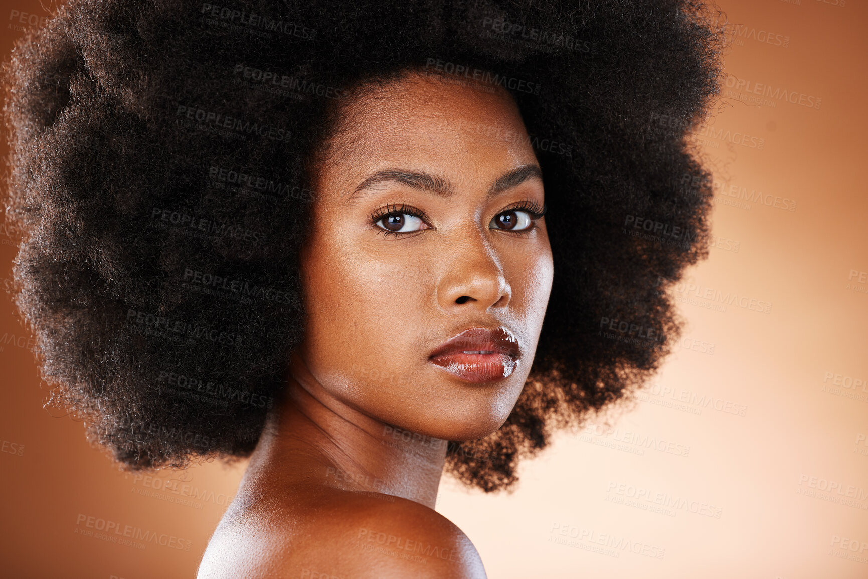 Buy stock photo Beauty portrait of black woman with skincare, hair care and natural makeup for facial aesthetics, wellness and healthcare. Salon afro hair, cosmetics and face of model with glowing skin treatment