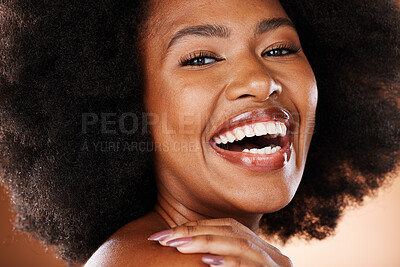 Buy stock photo Beauty, face and black woman with makeup and natural cosmetics portrait, afro and skincare closeup against studio background. Happy model, cosmetic advertising and hair care, facial and healthy skin.