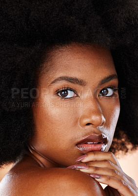 Buy stock photo Skincare, beauty and black woman in studio for cosmetics, makeup and dermatology product or afro haircare. Portrait and face of African model with a glow and self love for health and wellness of skin