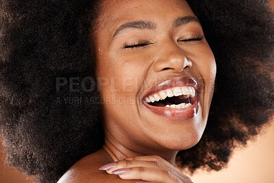 Buy stock photo Black woman, happy portrait and closeup beauty with smile, skincare and wellness with natural african hair. Model, woman and afro with makeup, skin and studio happiness for self care cosmetics girl