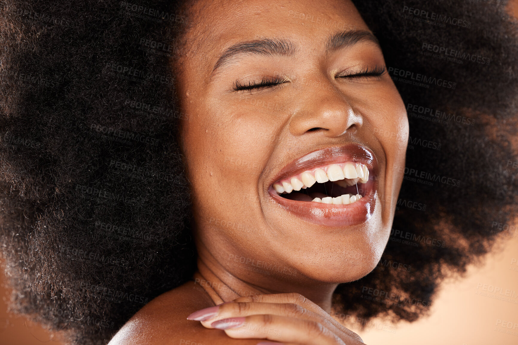 Buy stock photo Black woman, happy portrait and closeup beauty with smile, skincare and wellness with natural african hair. Model, woman and afro with makeup, skin and studio happiness for self care cosmetics girl