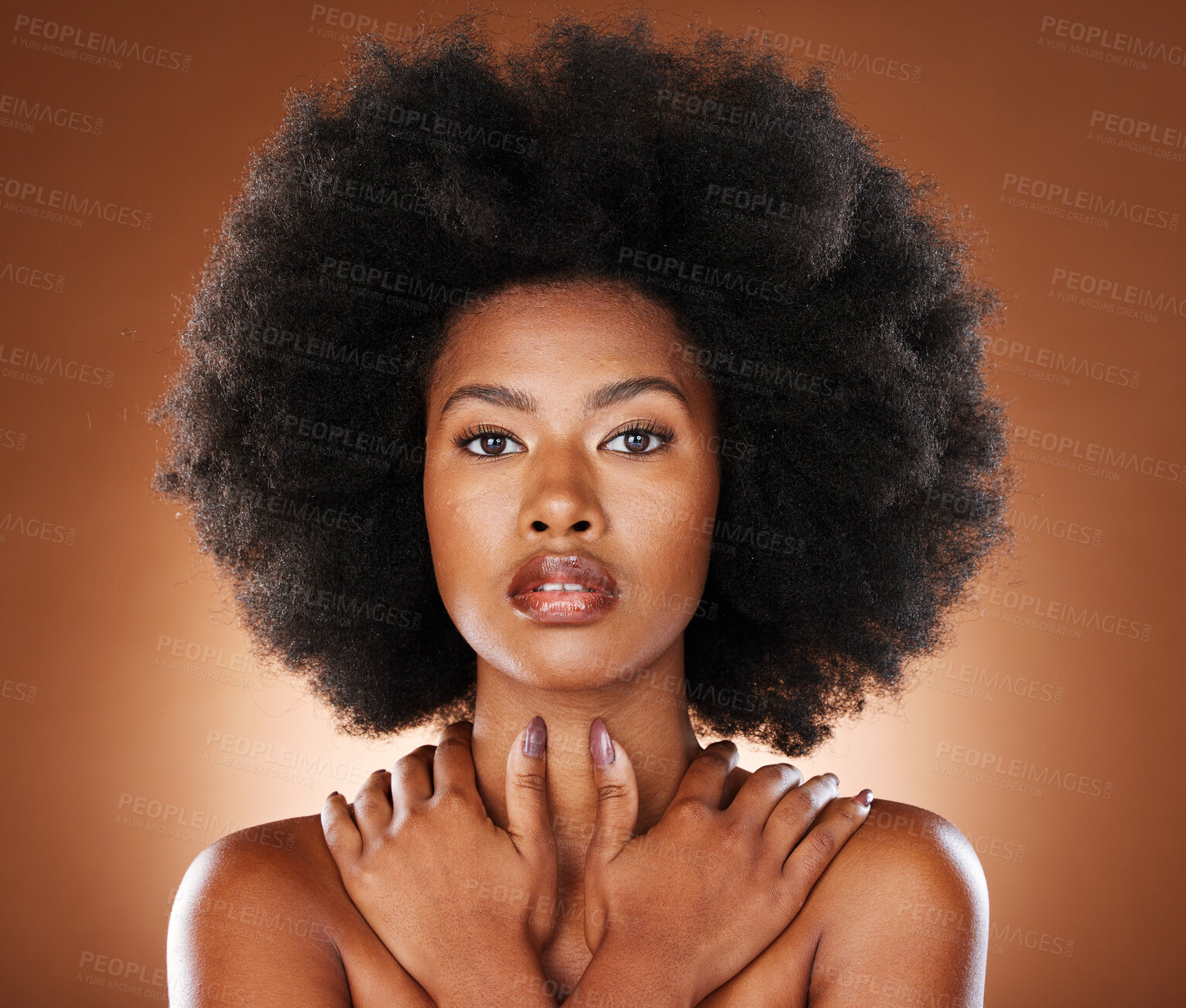 Buy stock photo Natural hair, studio and black woman in beauty portrait with skincare, cosmetics and salon for youth wellness, power and self love promotion. African or afro model face with healthy hair care growth