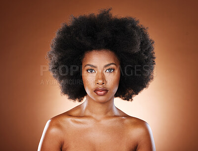 Buy stock photo Black woman, face and afro for natural hair care wellness for beauty. African girl model, facial glow or skin healthcare, confident and proud portrait for healthy cosmetics dermatology in studio
