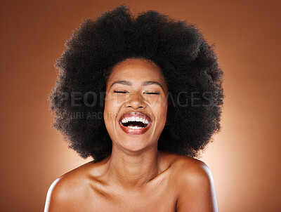 Buy stock photo Black woman, skincare beauty and hair care model with healthy afro, natural cosmetics empowerment and happy laugh. Portrait of proud, confident and beautiful young African girl in studio background 
