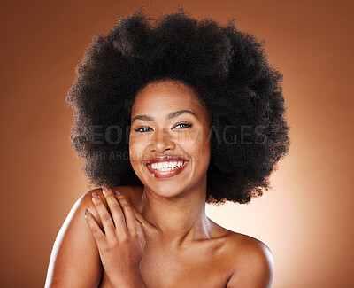 Buy stock photo Black woman, skincare and natural beauty, afro and makeup, dermatology and cosmetics for shine, glow and healthy skin on studio background. Portrait african model, curly hair and body care wellness 