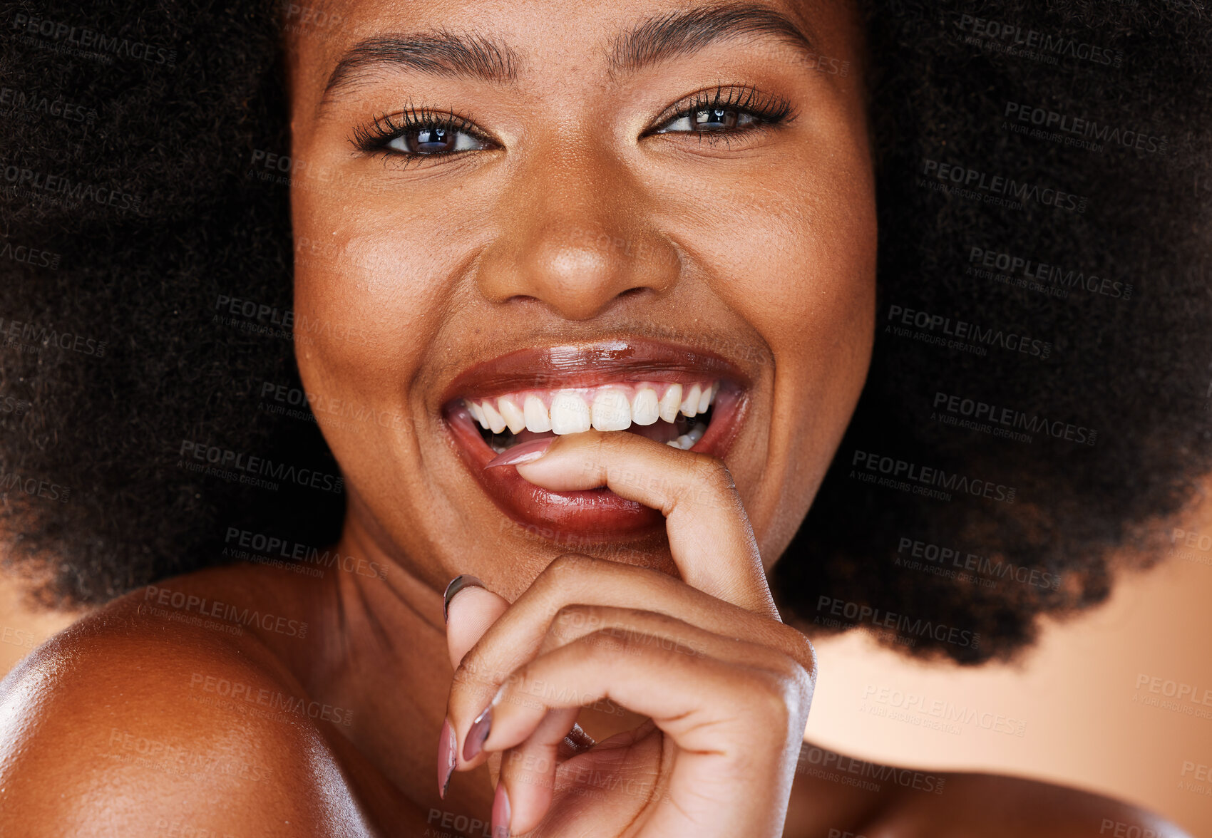 Buy stock photo Black woman with natural smile, beauty portrait in studio and cosmetics skincare for face with healthy teeth. Happy african girl, afro hair care in Brazil and luxury makeup with mascara lashes