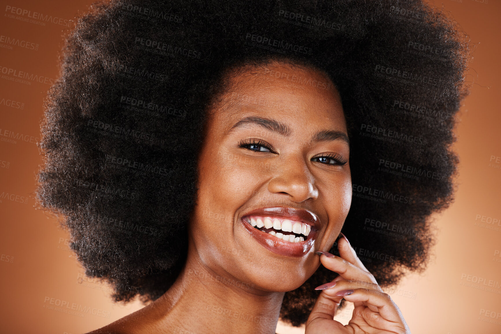 Buy stock photo Black woman in beauty, makeup and face with hair care portrait, natural hair and cosmetics with afro against studio background. Cosmetic, clean and glow with healthy skin and  facial treatment.