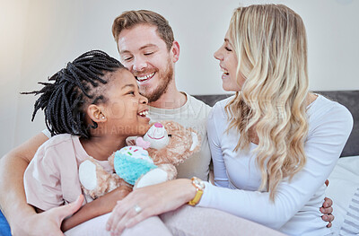 Buy stock photo Happy family, parents and adoption kid in bedroom, family home and house for fun, bonding and quality time with love, care and happiness together. Black kid relax with foster mom, dad and diversity 