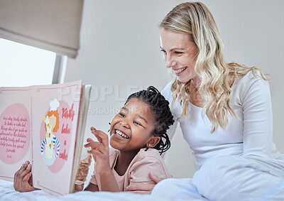 Buy stock photo Mother, child and reading book for learning with fun and education, happy with kids story in bedroom at home. Woman, girl and read for development and storytelling, relax with reading and book. 