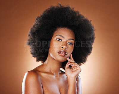 Buy stock photo Skincare, natural hair and black woman beauty portrait in studio with skin glow, wellness and healthy glow for cosmetics or makeup marketing. African girl model face, hair care growth and skin care