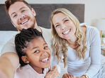Love, adoption and selfie portrait of happy family mother, father and black child relax in home bedroom for morning fun. Happiness, smile and photo memory of modern diversity people, parents and kid