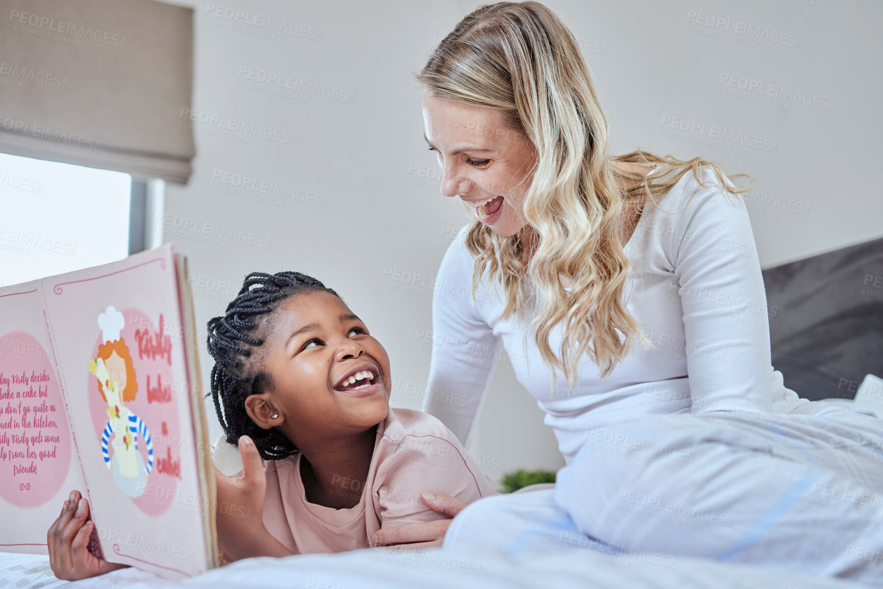 Buy stock photo Mother, child and bonding with books to read, learn and development with language and fiction. Woman, girl and book for reading and learning, education and storytelling in bed and happy together.