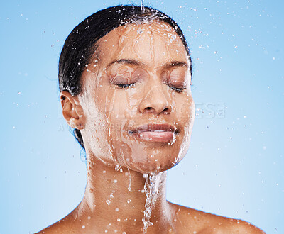 Buy stock photo Beauty, skincare and shower with black woman and water splash for cleaning, hydration and natural cosmetics. Moisture, fresh and relax with face of girl model for product, self care and luxury