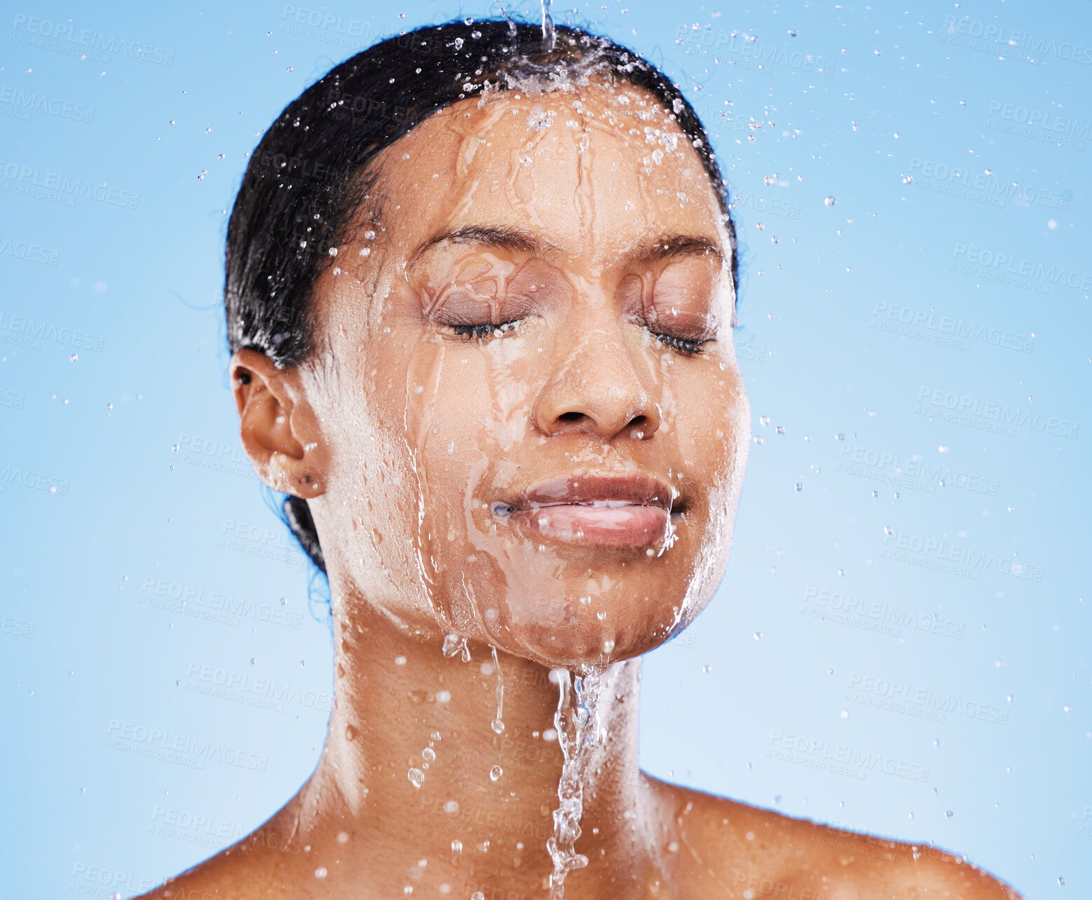 Buy stock photo Beauty, skincare and shower with black woman and water splash for cleaning, hydration and natural cosmetics. Moisture, fresh and relax with face of girl model for product, self care and luxury