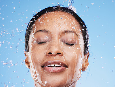 Buy stock photo Face cleaning, water and black woman with shower for body hygiene health, self care routine or facial bathroom treatment. Water drop, wellness and relax model with water splash for skincare wellness