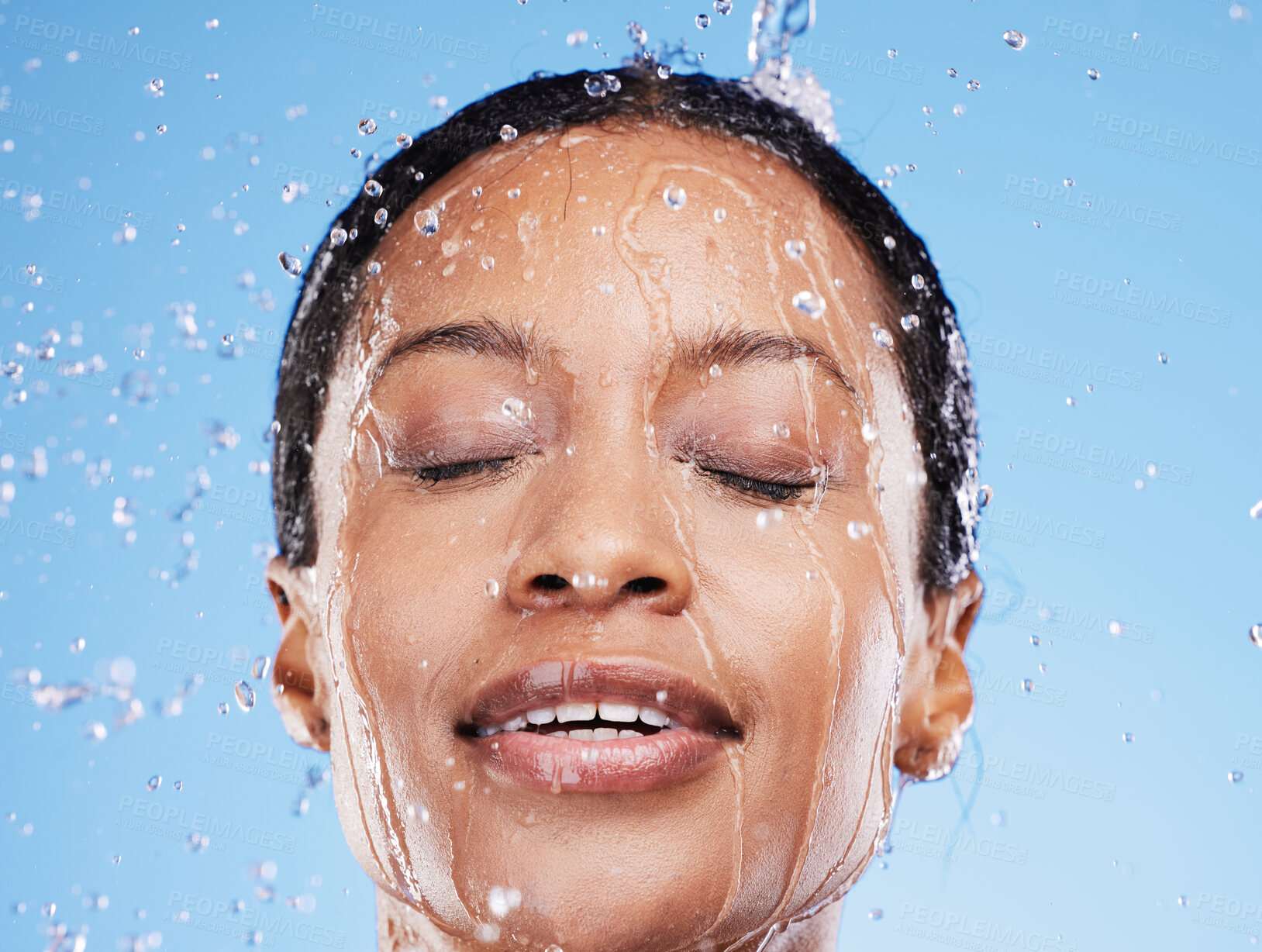 Buy stock photo Face cleaning, water and black woman with shower for body hygiene health, self care routine or facial bathroom treatment. Water drop, wellness and relax model with water splash for skincare wellness