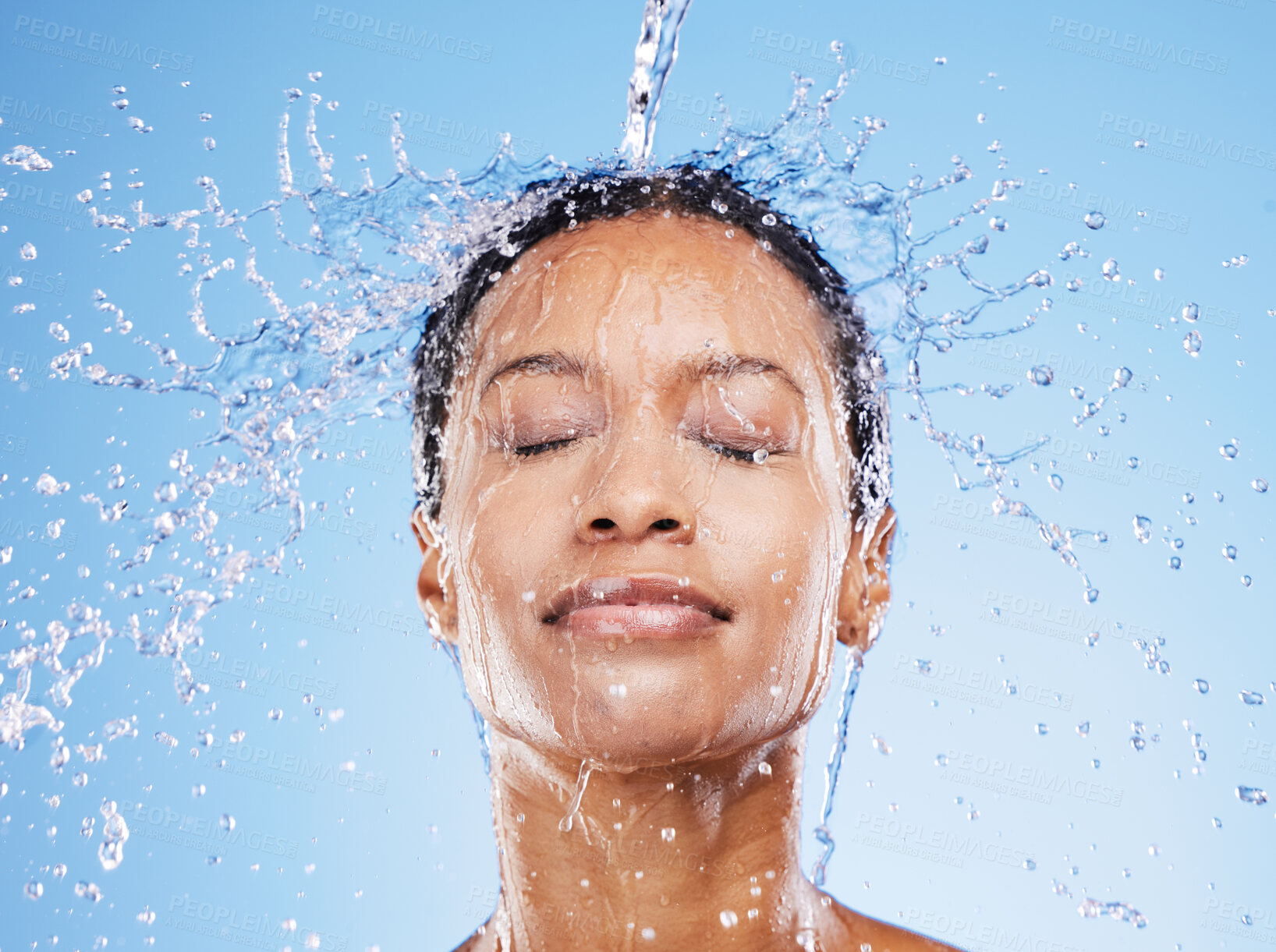Buy stock photo Beauty, water and splash with black woman and shower for hydration, moisture and spa luxury. Natural, fresh and hygiene with face of girl model and water drop for skincare, relax and self care