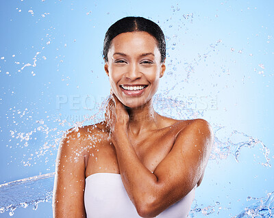 Buy stock photo Shower, water and black woman in splash and clean portrait with grooming and hygiene against blue studio background. Wet, water droplets and fresh with skincare, body care and hydration mock up.