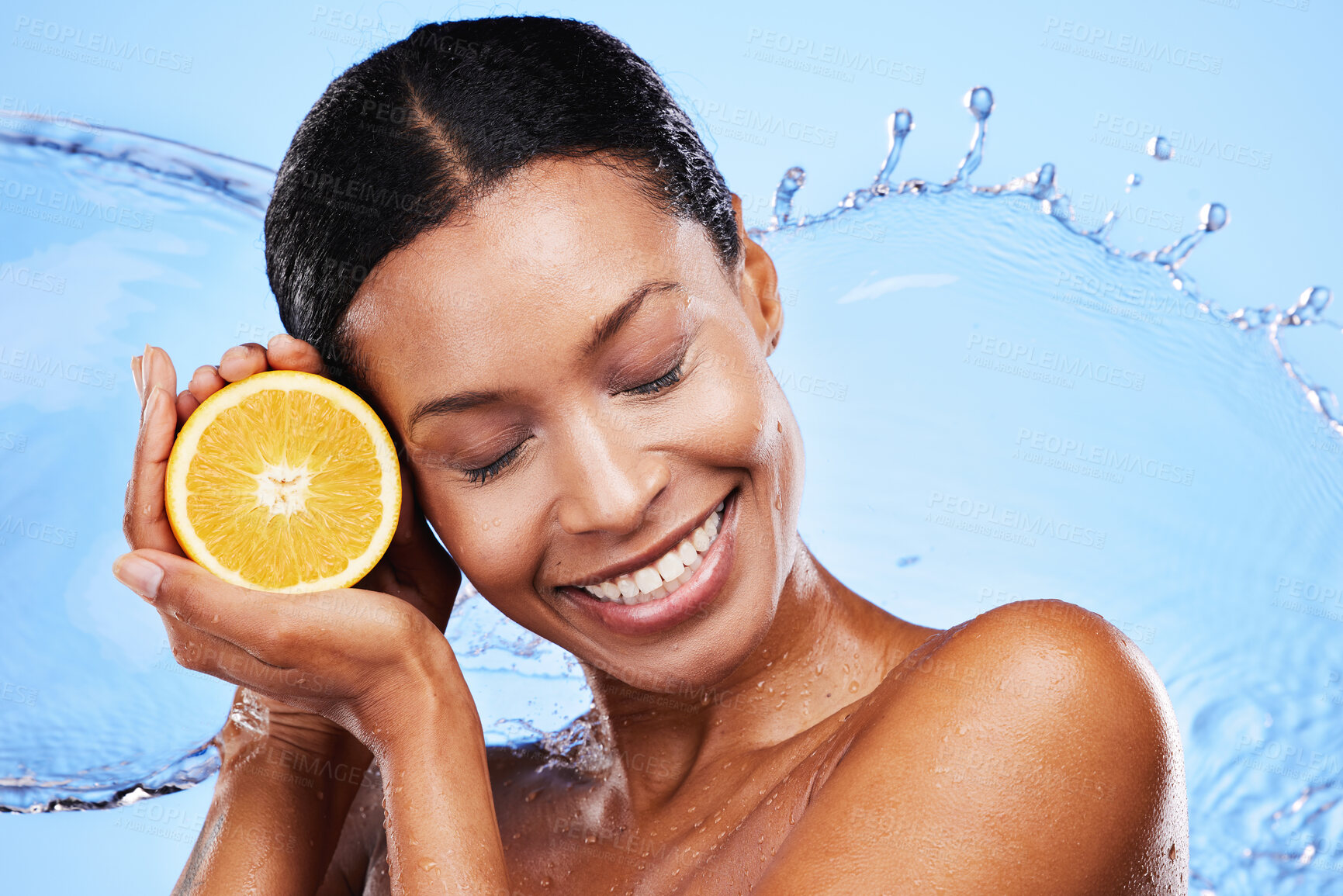 Buy stock photo Beauty skincare and water splash with woman and lemon for vitamin c, shower and self care. Smile, luxury and product with face of girl model and citrus fruit for nutrition, collagen and hydration