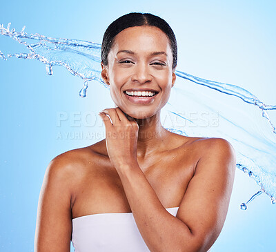 Buy stock photo Shower, water and black woman with splash to clean, beauty and hygiene portrait with wellness and skincare against studio background. Healthy skin, fresh and hydration, moisture and wet water splash.