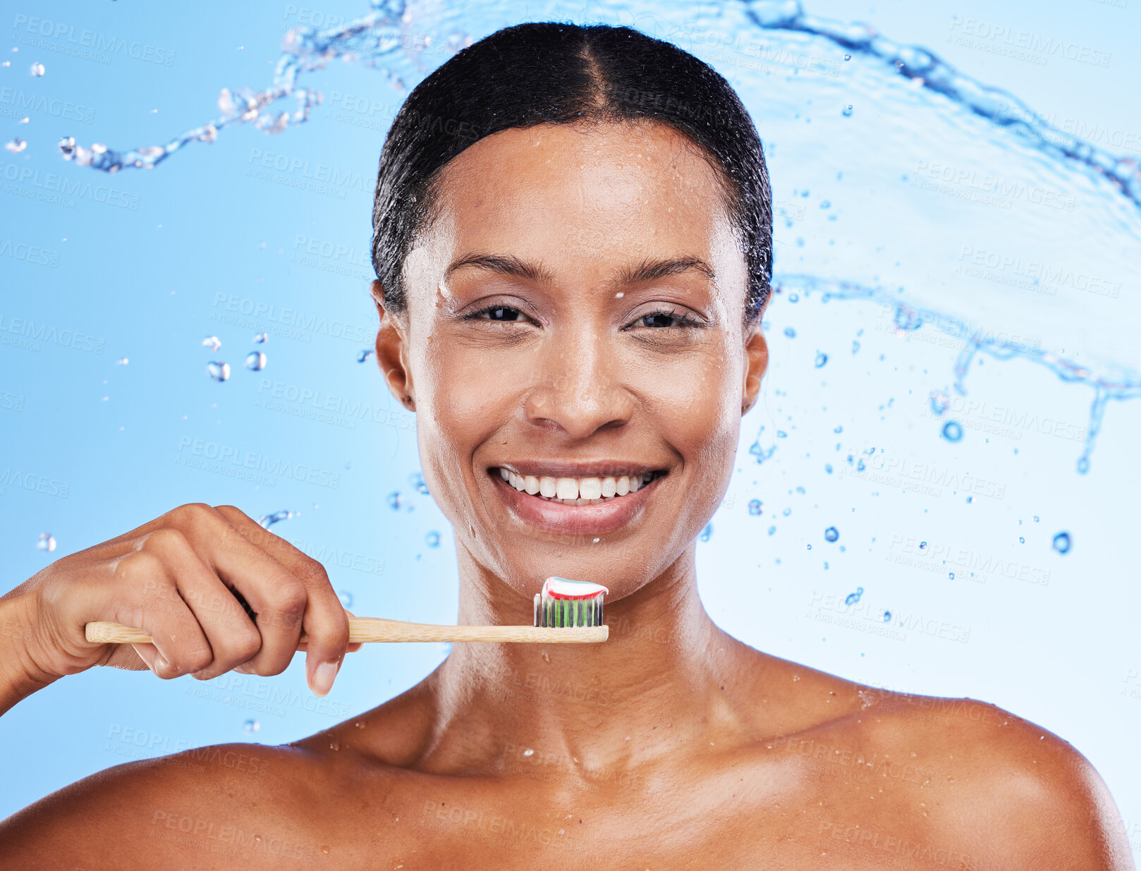 Buy stock photo Toothbrush, hygiene and black woman portrait for dental wellness, teeth whitening and water splash. Smile, teeth and cleaning of a happy woman model face feeling healthy from mouth care and beauty 