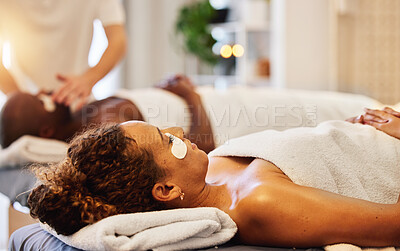 Buy stock photo Wellness, facial and massage for couple in spa for relaxation, stress relief and wellbeing. Beauty, skincare and black couple in luxury beauty salon with cosmetic eye mask on for romantic holiday