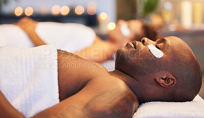 Buy stock photo Black man, beauty facial and spa for couple wellness therapy at luxury resort for zen healing, skincare relax detox and stress release treatment. Organic, cosmetics healthcare and a natural skin glow