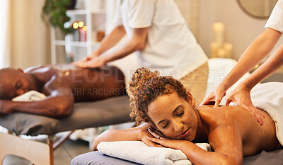 Buy stock photo Massage, spa and wellness with couple and massage therapist for therapy and stress relief, relax and peace together. Body care, luxury and holistic health with hands for back massage and zen.
