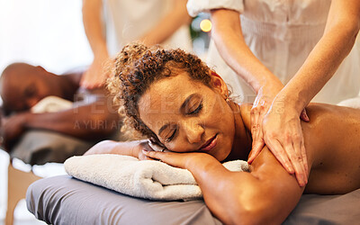 Buy stock photo Couple massage, hands or spa therapist for relax, luxury or wellness treatment for health, lifestyle or zen at resort. Healthcare, beauty salon or black woman and man for body, skincare or therapy