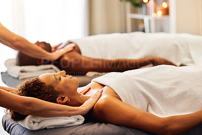 Buy stock photo Couple, massage and spa in relax for zen, comfort or stress relief together at a resort. Man and woman in luxury wellness and relaxation for physical therapy, hospitality or skincare at hotel salon