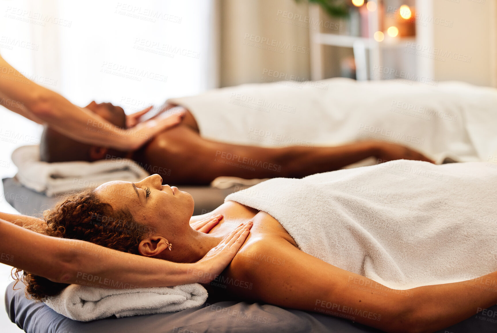 Buy stock photo Couple, massage and spa in relax for zen, comfort or stress relief together at a resort. Man and woman in luxury wellness and relaxation for physical therapy, hospitality or skincare at hotel salon