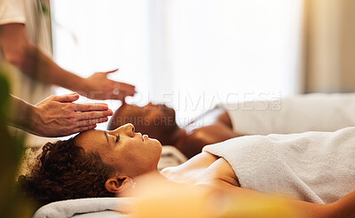 Buy stock photo Spa, luxury and black couple relax, happy and healthy treatment together for holiday, vacation and peaceful. Head, man and woman with face cosmetics, skincare or massage therapist being zen and calm.