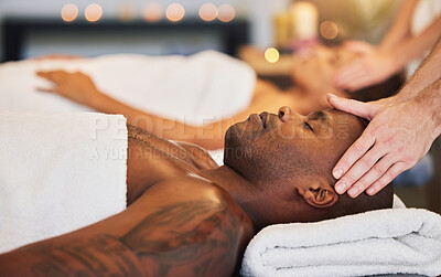 Relax, spa and head massage with couple together for health, beauty and zen therapy. Luxury, wellness and peace with hands of massage therapist and man and woman for salon, cosmetics and healing