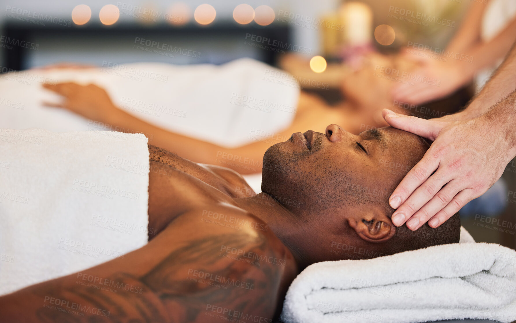 Buy stock photo Relax, spa and head massage with couple together for health, beauty and zen therapy. Luxury, wellness and peace with hands of massage therapist and man and woman for salon, cosmetics and healing 