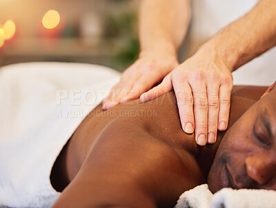 Buy stock photo Black man, relax and massage at spa for health, wellness and sleeping rest at luxury resort. African man, salon bed and physical therapy for healing, holistic treatment and zen on holiday vacation