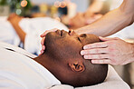 Massage, sleeping and face of a black man at a spa for peace, relax and luxury service with the hands of a worker. Wellness, skincare and African person at a salon for stress relief with a masseuse