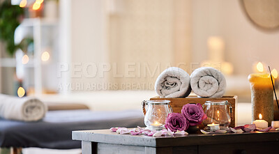 Buy stock photo Relax, peace and calm at a luxury spa for wellness, health and zen during a massage. Candles, flowers and healing environment at a salon for stress relief, relaxation and physical therapy on vacation