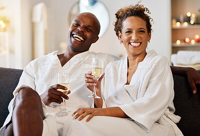 Buy stock photo Spa, portrait and black couple champagne toast for marriage, wellness and love together with joyful smile. Happy, celebrate and health of married people enjoying luxury anniversary staycation.