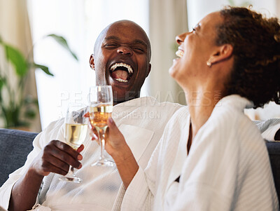 Buy stock photo Love, black couple and celebrate with champagne, for vacation, honeymoon and anniversary happy together. Happiness, man and woman with wine glass, drink and laugh for relationship, relax and marriage