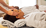 Couple, spa and head massage sleep with facial, skincare and luxury skin wellness treatment. Cosmetic therapy, healthy and zen scalp healing of a beauty therapist relax and calm for wellbeing